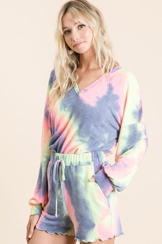 SALE! Charcoal French Terry Tie Dye Loungewear Set with v-neck and sca