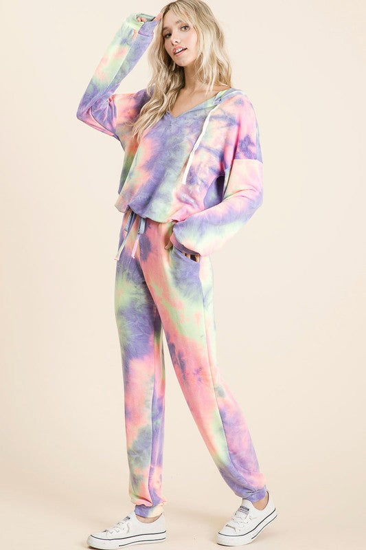 Purple, Pink and Yellow Tie Dye Loungewear Set with Hoodie and Joggers S-XL