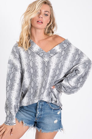 Snakeskin Wide V-Neck Waffle Shirt with Puff Sleeves