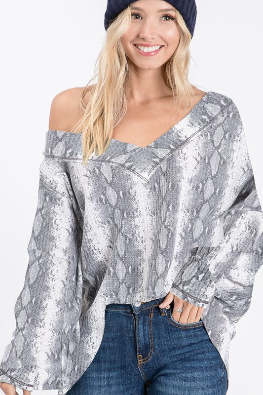 Snakeskin Wide V-Neck Waffle Shirt with Puff Sleeves