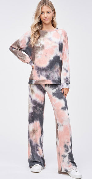 Tie Dye Loungewear 2 piece set Coral/Pink/Grey