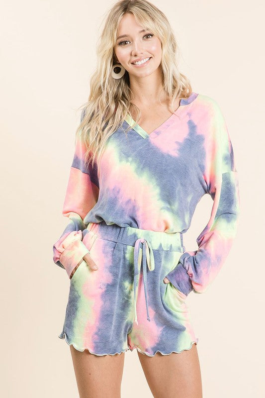 SALE! Charcoal French Terry Tie Dye Loungewear Set with v-neck and scalloped shorts S-XL