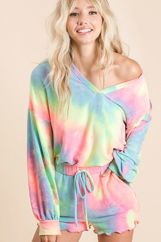 Pastel French Terry Tie Dye Loungewear Set with v-neck and scalloped shorts S-XL