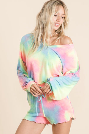 Pastel French Terry Tie Dye Loungewear Set with v-neck and scalloped shorts S-XL
