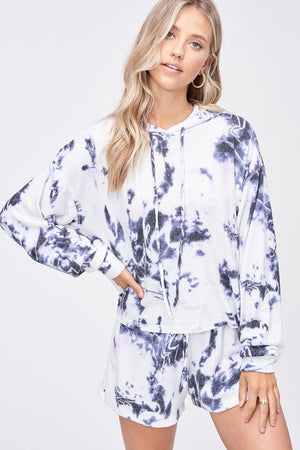 Blue 2 piece Tie Dye Loungewear Set with hoodie and shorts