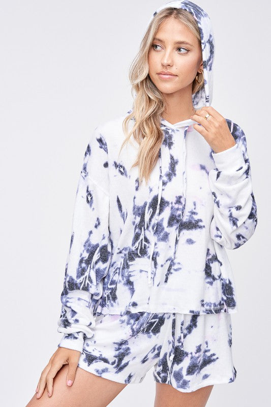 Blue 2 piece Tie Dye Loungewear Set with hoodie and shorts