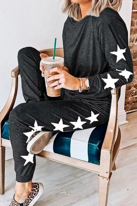 Side Stars Loungewear Set in Black with White Stars