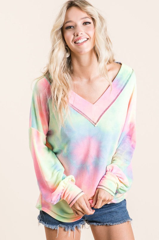 Pastel Tie Dye Wide V-Neck Shirt with Puff Sleeves  S-XL