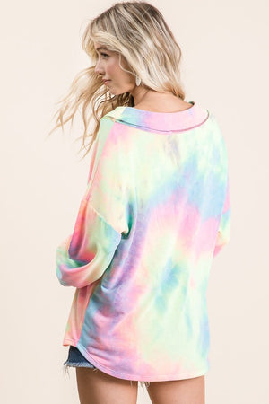 Pastel Tie Dye Wide V-Neck Shirt with Puff Sleeves  S-XL