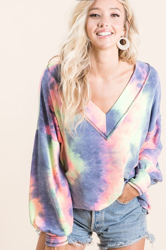 SALE! Charcoal Tie Dye Wide V-Neck Shirt with Puff Sleeves  S-XL