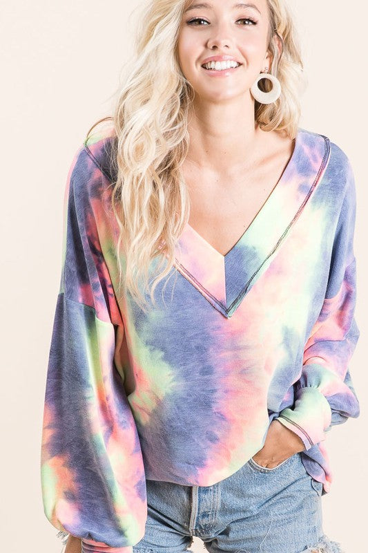SALE! Charcoal Tie Dye Wide V-Neck Shirt with Puff Sleeves  S-XL