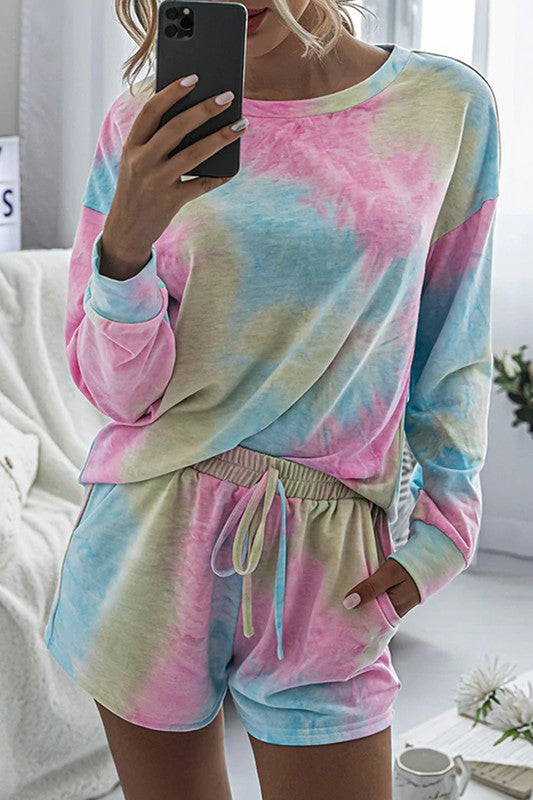 Tie Dye 2 Piece Set with Long Sleeves and Shorts (Multicolor pastel) SOLD OUT