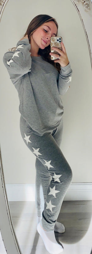Side Stars Loungewear Set in Heather Grey with White Stars