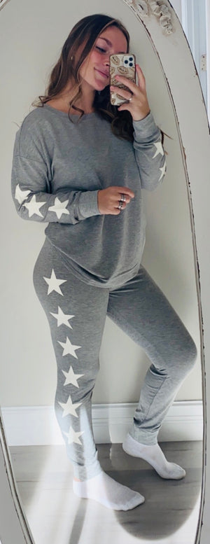 Side Stars Loungewear Set in Heather Grey with White Stars